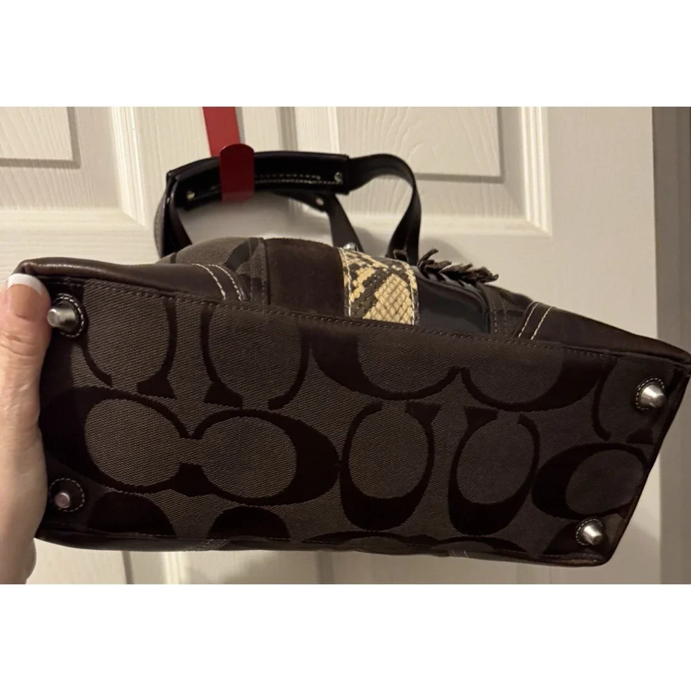 Coach Brown Logo Satchel with Snakeskin Accent and Silver Hardware